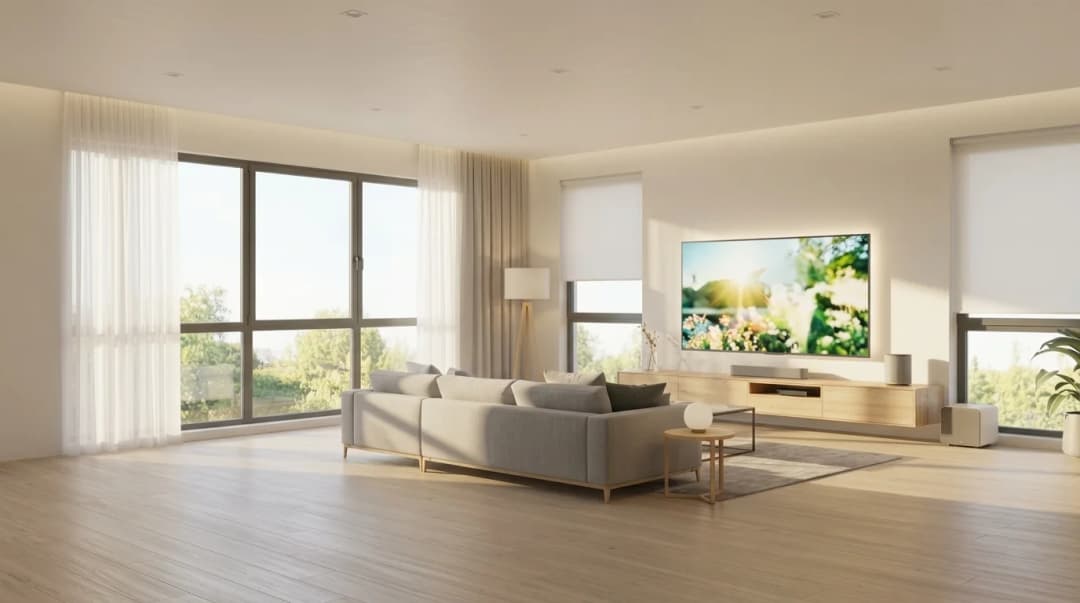 Sala de estar luminosa com estores de rolo motorizados, televisor e coluna ligados à casa inteligente