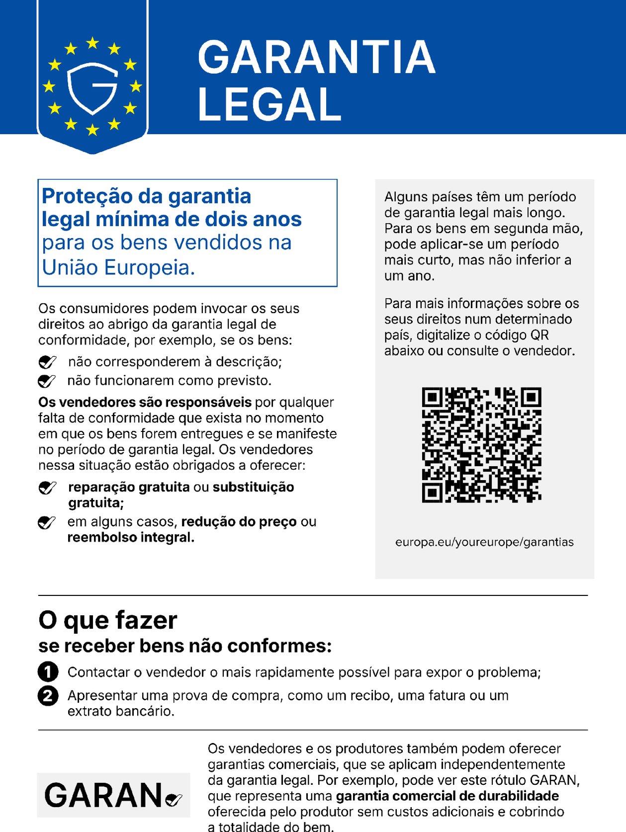 Aviso harmonizado da União Europeia sobre a garantia legal de conformidade